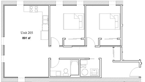 Floor plan for 2 beds, 1 bath, 891 sqft